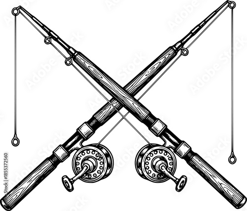 Detailed woodcut illustration of crossed fishing rods on a white
