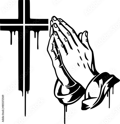 cross with praying hand in graffiti stencil with simple paint dripping
