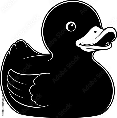 A detailed illustration of a rubber duck in black and white, per
