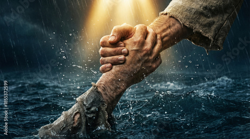 Jesus Christ saving Peter from drowning. Close-up of the hand of Jesus reaching down to rescue a man from dark water. Biblical concept of salvation, faith, and help