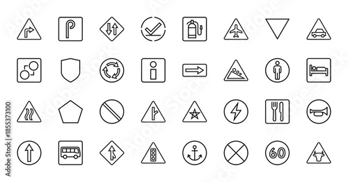 Road traffic and public safety line icon set. Vector pictograms of arrow, roundabout, airport, parking, bus, restaurant, hotel, and warning sign, thin outline illustration.
