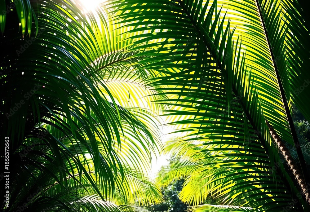 Fototapeta premium Graceful fronds arching, sunlight dappling vibrant green leaves, vacation, palm frond