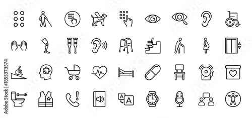 Accessibility and disability line icon set. Vector pictograms of wheelchair, blind, deaf, braille, dog, prosthesis, walker, ear, eye and ramp, thin outline illustration.