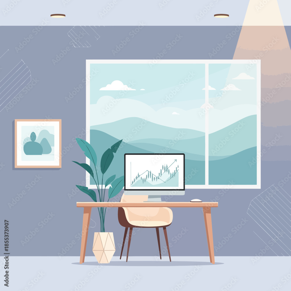 Obraz premium Modern Home Office With Computer Displaying Financial Chart and Mountain View