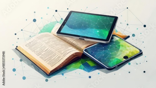 Open book atop digital tablets,  connected by abstract network