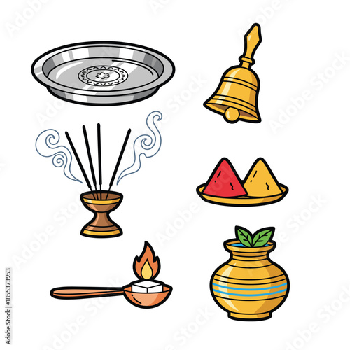 Hindu Puja Items Set.