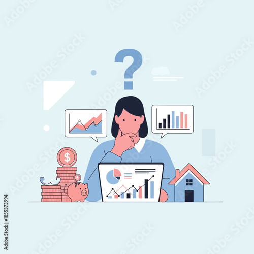 Woman contemplating financial decisions with charts, piggy bank, and house model