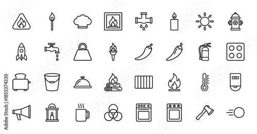 Fire and heat safety icon set. Vector pictograms of match, candle, bonfire, oven, stove, extinguisher, toaster, sun, thermometer, and torch, line style illustration.