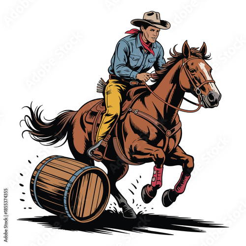 Cowboy Riding a Racing Horse and Barrel, Barrel Racing Rodeo Illustration