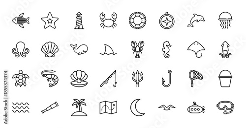 Ocean and marine life line icon set. Vector pictograms of dolphin, shark, turtle, whale, lighthouse, crab, starfish, and fishing gear, thin outline illustration.