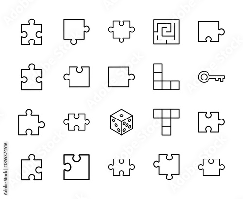 Game and logic line icon set. Vector pictograms of jigsaw puzzle pieces, maze, labyrinth, key, dice, blocks, thin outline illustration.