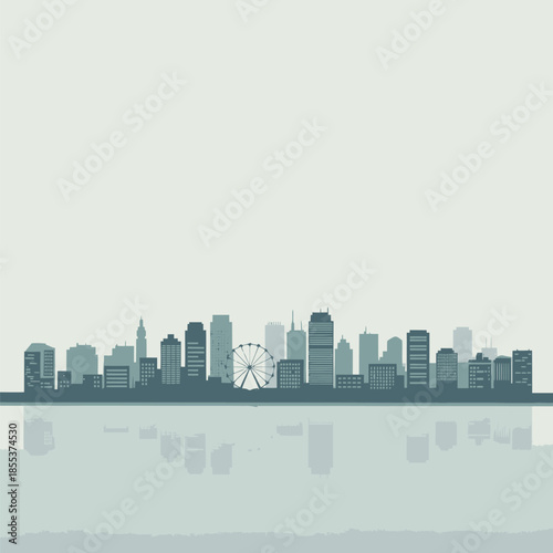 City Skyline with Ferris Wheel on Waterfront at Dusk