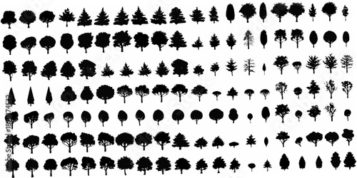 An arrangement of various black silhouettes of trees against a white background