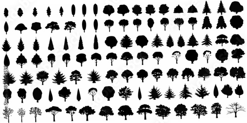 A diverse collection of black silhouette trees arranged in a grid pattern