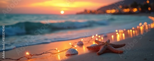 Starfish and shells on sandy beach with string lights reflecting on sea at sunset. Coastal town lights glow in background creating festive seaside atmosphere for holidays.