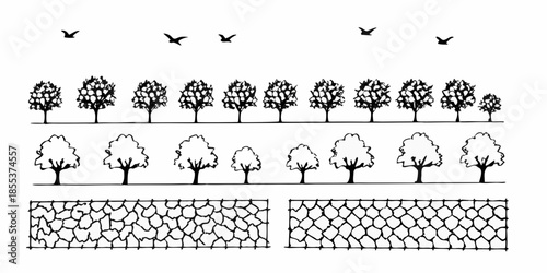 A simple illustration depicting trees birds and ground textures in layers