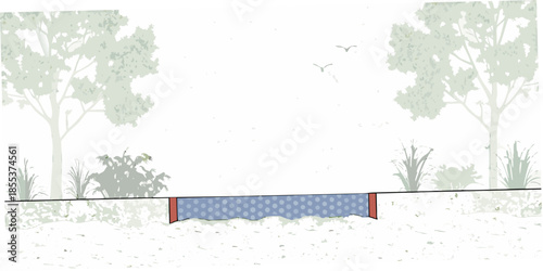A simple illustration of a blue bridge over a grassy area with trees