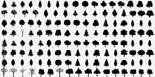 A dense collection of stylized black tree silhouettes on a white background