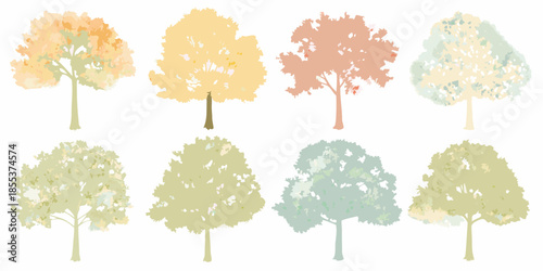 A collection of colorful stylized trees with varied autumnal hues and shapes
