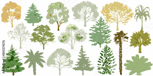 A collection of various stylized trees and foliage illustrations on a white background