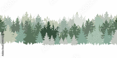 A serene winter landscape featuring a dense forest and snow covered ground