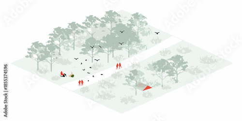 Isometric view of a park with trees a path and people walking