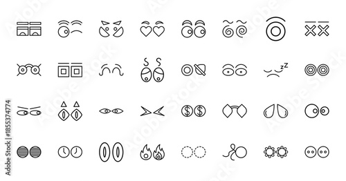 Abstract eye icon set. Vector pictograms of hearts, stars, fire, money, glasses, clocks, spirals, and cartoon expressions, thin line outline illustration.