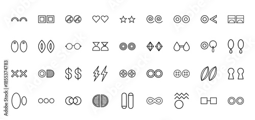 Minimalist eye and vision icon set. Vector pictograms of glasses, stars, hearts, lightning, infinity, and abstract geometric shapes, thin black outline illustration.