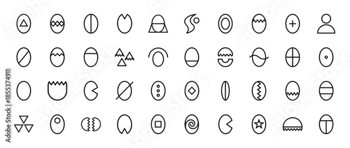 Abstract egg and oval line icon set. Vector pictograms of shell, crack, embryo, hatching, nest, bird, nature, pattern, and biology symbols, thin outline illustration.