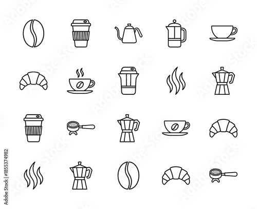 Coffee and bakery line icon set. Vector pictograms of bean, cup, moka pot, french press, croissant, portafilter, and kettle, thin outline illustration.