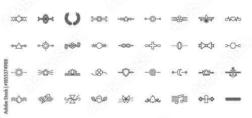 Decorative text dividers line icon set. Vector pictograms of heart, star, flower, crown, anchor, leaf, sun, moon, shield, key, feather, thin outline illustration.