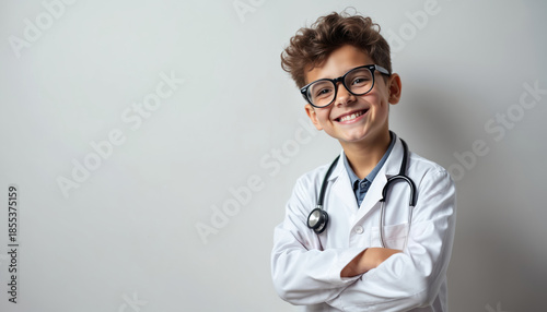 Smiling young boy in doctor coat wears glasses and stethoscope against plain background. He dreams of becoming a doctor, practicing healthcare skills. Future physician, medical career path.
