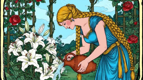 Fantasy Illustration of a Long-Haired Princess in a Blue Gown Tending White Lilies
