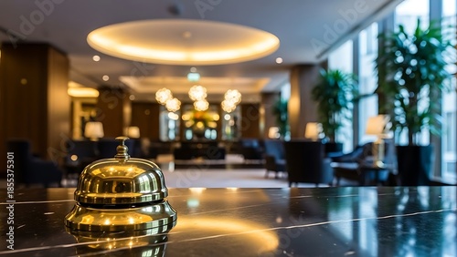 Reception bell on hotel front desk in modern lobby interior with seating area and natural lighting view