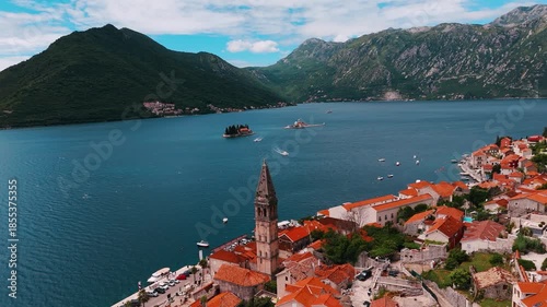 Perast Town aerial view in Kotor Bay in Montenegro