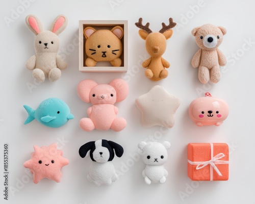 Cute Plush Animal Toys Collection on White Background