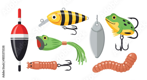A collection of classic fishing baits and specialized lures presented in a bright, colorful, and stylized 2D graphic, cleanly isolated on a crisp white background, perfect for outdoor hobby content.