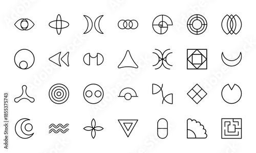 Abstract geometric line icon set. Vector pictograms of eye, spiral, maze, moon, star, waves, pill and minimalist shapes, thin outline illustration.