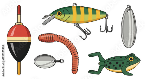 A vibrant collection of traditional fishing baits and lures are presented as a comprehensive 2D flat vector set in a colorful retro style, isolated against a clean white background.