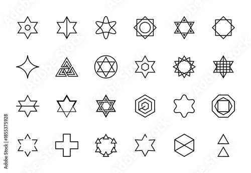 Geometric star icon set. Vector pictograms of hexagram, pentagram, triangle, polygon, hexagon, cross, and interlocking shapes, thin line outline illustration.