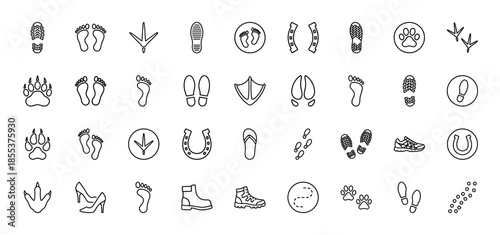 Footprint and shoe track icon set. Vector pictograms of animal paws, human feet, boot prints, sneakers, high heels, horseshoes, walking paths, thin outline illustration.