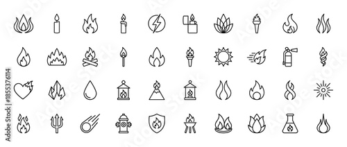 Fire and flame line icon set. Vector pictograms of candle, bonfire, lighter, torch, match, volcano, fireball, grill, hydrant, extinguisher, thin outline illustration.