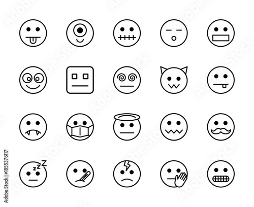Emoticon line icon set. Vector pictograms of smiley faces with expressions like angel, devil, vampire, sick, sleeping, silence and crazy, thin outline illustration.