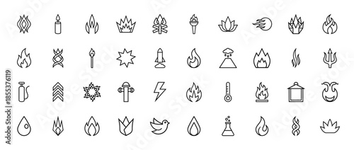 Fire and energy line icon set. Vector pictograms of flame, candle, match, torch, volcano, rocket, lightning, campfire, and heat, thin outline illustration.