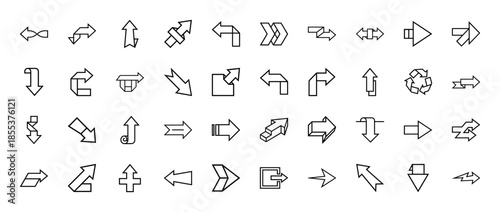 Arrow icon set featuring vector pictograms of direction pointers, curves, loops, recycling symbols, and navigation markers in a creative line style illustration.