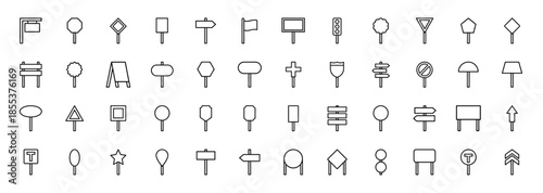 Road sign line icon set. Vector pictograms of street notices, direction arrows, billboards, traffic lights, and information boards, thin outline illustration.