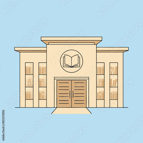 Modern library building exterior with an open book symbol.