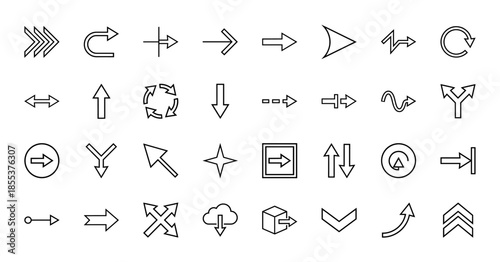 Arrow line icon set. Vector pictograms of pointer, cursor, refresh loop, download cloud, upload, transfer, chevron, next, back, u-turn, thin outline illustration.