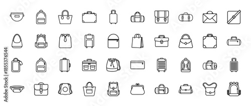 Bag and luggage line icon set. Vector pictograms of backpack, suitcase, briefcase, handbag, purse, tote, duffel, schoolbag and rucksack, thin outline illustration.