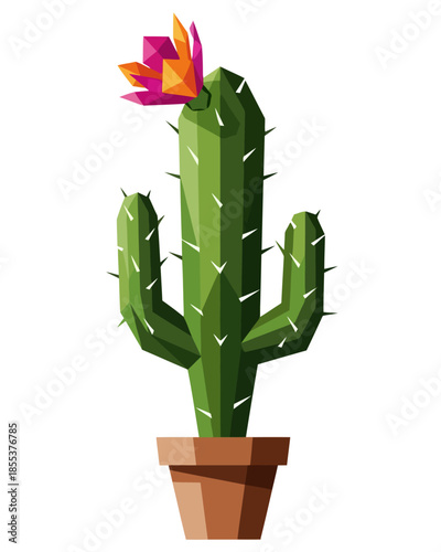 A vibrant, geometric illustration of a potted saguaro cactus with a bright pink and orange flower blooming at its crown against a clean white background, representing desert flora and low-poly art